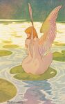  1girl artist_name ass back backboob breasts commentary completely_nude curvy from_behind lily_pad medium_hair nude orange_hair original outdoors self_hug sitting solo straight_hair symbol-only_commentary the_insaneum water wide_hips wings 
