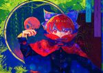  1girl black_shirt blue_bow bow cape closed_mouth hair_bow itomugi-kun long_sleeves looking_at_viewer red_cape red_eyes red_hair sekibanki shirt short_hair skull solo touhou upper_body 