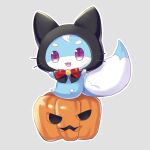  :3 bell bow cat_day commentary_request fake_whiskers fox grey_background halloween_costume hoshimame_mana inari_(summer_pockets) jack-o&#039;-lantern jingle_bell looking_at_viewer neck_bell no_humans open_mouth purple_eyes red_bow short_eyebrows simple_background sitting smile summer_pockets thick_eyebrows whiskers 