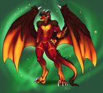  abs anthro azelyn biceps digitigrade dragon frown fur hair horn invalid_tag male morgan muscles nude pecs plain_background red red_body scalie solo spread_wings standing watermark wings 