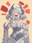  1girl blush bodysuit breasts cleavage demon_girl demon_horns dress duel_monster gloves grey_eyes grey_hair highres horns large_breasts leotard leotard_under_clothes looking_at_viewer lovely_labrynth_of_the_silver_castle mikami_may ojou-sama_pose pointy_ears smile solo spread_cleavage twintails white_hair white_horns yu-gi-oh! 