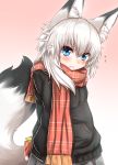  1girl animal_ear_fluff animal_ears arms_behind_back bangs black_hoodie blue_eyes blush box closed_mouth eyebrows_visible_through_hair fang_out flying_sweatdrops fox_ears fox_girl fox_tail gift gift_box grey_skirt hair_between_eyes highres hood hoodie horokusa_(korai) long_hair long_sleeves looking_at_viewer original plaid plaid_scarf red_scarf scarf silver_hair skirt solo tail 