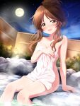  1girl :d breasts brown_eyes brown_hair cloud collarbone commentary_request covering_privates fence full_moon hair_bun idolmaster idolmaster_cinderella_girls lantern long_hair looking_at_viewer medium_breasts moon mountain night night_sky nude_cover onsen outdoors parted_bangs sidelocks sitting sky smile solo steam sui._(ayase) takamori_aiko towel 