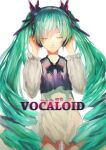  123456_(1322881) 1girl absurdres black_bow bow character_name closed_eyes copyright_name dress eyebrows_hidden_by_hair eyelashes green_hair hatsune_miku headphones highres long_hair long_sleeves parted_lips puffy_sleeves simple_background translation_request twintails very_long_hair vocaloid white_background white_dress 