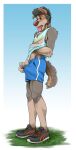 2023 absurd_res anthro athletic athletic_anthro athletic_male athletic_wear biped blue_background blue_bottomwear blue_clothing blue_shirt blue_shorts blue_tank_top blue_topwear blush bodily_fluids border bottomwear brown_eyes canid canine canis chin_tuft clothed clothing domestic_dog erection_under_bottomwear facial_tuft fur genital_fluids grass grey_body grey_fur grey_hair gym_bottomwear gym_clothing gym_shorts hair hand_under_shirt heat_(temperature) hi_res jackaloo male mammal mark_(jackaloo) pink_nose pink_tongue plant plantigrade precum precum_string precum_through_bottomwear precum_through_shorts running_shoes shirt shorts simple_background solo sweat tank_top tongue tongue_out topwear white_border