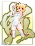  1girl :3 animal_ear_fluff animal_ears animal_print arm_warmers arms_up artist_logo artist_name ass_visible_through_thighs blonde_hair braided_hair_rings chinese_clothes chinese_zodiac claw_pose covered_nipples dudou full_body groin hair_ribbon highres hip_bones kneeling lace_trim looking_at_viewer nakajima_konta navel no_panties original red_eyes red_ribbon revealing_clothes ribbon solo tail thighhighs tiger_ears tiger_girl tiger_print tiger_tail toeless_legwear year_of_the_tiger 
