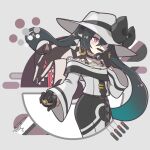  1girl bare_shoulders black_bow black_choker black_gloves black_hair black_skirt bow choker closed_mouth crossover dark_miku_(project_voltage) gloves grey_background grey_headwear hair_over_one_eye hat hat_bow hatsune_miku holding holding_poke_ball jewelry long_hair long_sleeves luxury_ball obstagoon off-shoulder_shirt off_shoulder poke_ball pokemon project_voltage red_eyes ring saihate_(d3) shirt skirt smile twintails very_long_hair vocaloid white_shirt wide_sleeves 