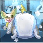 big_diaper blush canid canine canis diaper domestic_dog eyewear feral generation_8_pokemon glasses happy hi_res huge_diaper jupiters male mammal nintendo pokemon pokemon_(species) poofy_diaper scientist solo tail text tongue tongue_out yamper