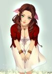  1girl aerith_gainsborough bracelet breasts brown_hair cleavage closed_mouth commentary cropped_jacket dress eightyfourart english_commentary final_fantasy final_fantasy_vii forehead green_eyes hair_ribbon highres jacket jewelry lips long_hair open_clothes open_jacket patreon_username pink_dress pink_lips pink_ribbon red_jacket ribbon short_sleeves sidelocks signature smile solo wavy_hair white_background 