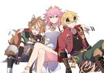  1girl 2boys animal_ears arm_around_shoulder arms_up bare_legs bare_shoulders blonde_hair blush boots brown_hair closed_mouth crossed_legs cup detached_sleeves dress drooling drunk forehead_protector genshin_impact gloves gorou_(genshin_impact) hair_ornament holding holding_cup jacket japanese_clothes jewelry kk_(kkgame7733) leaning_back leaning_to_the_side long_hair looking_at_viewer mouth_drool multiple_boys open_clothes open_jacket open_mouth pants parted_lips pendant pink_hair purple_eyes shirt sitting smile tail thoma_(genshin_impact) yae_miko 