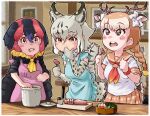  +_+ 3girls animal_ears antlers apron australian_brushturkey_(kemono_friends) bird_girl bird_wings black_hair black_shirt blue_apron blue_hair blush bobcat_(kemono_friends) brown_eyes brown_hair brown_skirt brown_trim cat_ears cat_girl cat_tail collared_shirt deer_antlers deer_ears deer_girl deer_tail elbow_gloves extra_ears food gloves green_eyes hair_between_eyes head_wings high-waist_skirt highres japari_symbol kemono_friends light_brown_hair long_hair multicolored_hair multiple_girls neckerchief necktie open_mouth pink_apron pleated_skirt print_gloves print_skirt red_hair red_necktie sailor_collar school_uniform serafuku shirt short_hair sidelocks sika_deer_(kemono_friends) skirt sleeves_rolled_up tail tasting toriny twintails white_hair white_shirt wings yellow_neckerchief 