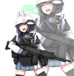  1girl battle_rifle black_gloves blue_archive blue_skirt bulletproof_vest combat_helmet commentary_request gloves green_eyes gun helmet highres ohio_ordnance_hcar open_mouth purple_hair rifle saki_(blue_archive) school_uniform sekino_takehiro shirt short_hair skirt solo trigger_discipline weapon white_background white_headwear white_shirt zoom_layer 