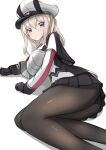  1girl black_pantyhose black_skirt blonde_hair breasts capelet feet_out_of_frame graf_zeppelin_(kancolle) grey_eyes hair_between_eyes hat highres kantai_collection large_breasts lying military_hat military_uniform miniskirt on_side one-hour_drawing_challenge panties panties_under_pantyhose pantyhose peaked_cap redundant-cat sidelocks simple_background skirt solo twintails underwear uniform white_background 