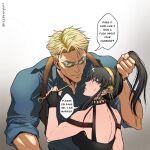  1boy 1girl bare_shoulders black_dress black_hair blonde_hair blue_shirt breasts cleavage collared_shirt crossover dagger dress earrings english_text flower formal gloves goggles gold_earrings gold_hairband hair_ornament hairband highres holding holding_another&#039;s_hair holding_dagger holding_hair holding_knife holding_weapon jewelry jujutsu_kaisen knife large_breasts long_hair long_sleeves nanami_kento red_eyes ricebunnyarts shirt short_hair sidelocks spy_x_family standing stiletto_(weapon) two-sided_dress two-sided_fabric undercut upper_body weapon yor_briar 