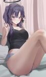  1girl bare_legs black_camisole blue_archive blush breasts camisole cellphone cleavage collarbone crop_top dance_arm feet_out_of_frame grey_panties halo highres holding holding_hair holding_phone indoors knees_up medium_breasts panties phone purple_eyes purple_hair sitting solo sweat talking_on_phone two_side_up underwear underwear_only yuuka_(blue_archive) 