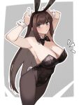  1girl animal_ears aozaki_aoko blue_eyes bow bowtie breasts brown_hair cleavage detached_collar english_commentary hair_intakes highres jonyeld large_breasts long_hair mahou_tsukai_no_yoru pantyhose playboy_bunny rabbit_ears rabbit_tail simple_background solo tail white_wrist_cuffs 