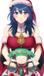  1girl absurdres blue_eyes blue_hair blush breasts byleth_(female)_(fire_emblem) byleth_(female)_(frosty_professor)_(fire_emblem) byleth_(fire_emblem) character_doll cleavage commentary_request detached_sleeves fire_emblem fire_emblem:_three_houses fire_emblem_heroes hat highres holding holding_stuffed_toy large_breasts long_hair looking_at_viewer red_headwear santa_hat short_sleeves simple_background smile solo sothis_(fire_emblem) strapless stuffed_toy tube_top upper_body ushiroki white_background 