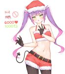  1girl bare_arms bare_shoulders belt bikini bikini_top_only black_gloves black_leggings blush center-flap_bangs christmas contrapposto demon_tail double-parted_bangs english_commentary fur-trimmed_bikini_top fur-trimmed_headwear fur-trimmed_shorts fur_trim gloves green_eyes groin hair_ornament hairclip hand_on_own_chest hat highres hololive leggings looking_at_viewer ma_draws meme midriff multicolored_hair navel pink_hair purple_hair red_bikini red_shorts santa_costume santa_hat shorts sidelocks spaghetti_strap streaked_hair swimsuit tail tokoyami_towa triangle_mouth twintails twitter_strip_game_(meme) virtual_youtuber white_background 