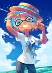  1girl arms_up blue_eyes blue_hair blue_sky boater_hat cloud dark-skinned_female dark_skin eyebrow_cut fangs gradient_hair grin hat highres inkling inkling_girl light_blue_hair looking_at_viewer multicolored_eyes multicolored_hair ocean orange_eyes orange_hair outdoors paint_splatter shirt short_hair short_sleeves sky smile solo splatoon_(series) splatoon_3 standing straw_hat t-shirt tentacle_hair teo_(teorekka) triforce triforce_print two-tone_hair water white_shirt yellow_headwear 