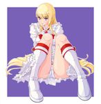  bangs blonde_hair blue_eyes blunt_bangs boots cameltoe dress frills jeibii knee_boots lili_(tekken) long_hair looking_at_viewer panties sitting solo tekken tekken_6 tsurime two-tone_background underwear white_panties 