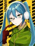 1girl absurdres aqua_eyes aqua_hair brown_gloves closed_mouth commentary facial_mark glitch gloves green_jacket hair_between_eyes hatsune_miku headphones highres jacket long_hair looking_at_viewer matryoshka_(vocaloid) pointing pointing_at_self solo tsukuno_tsuki twintails upper_body vocaloid 