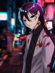  1girl absurdres black_eyes black_hair black_shirt blood blood_on_clothes blood_on_face blurry blurry_background closed_mouth commentary grey_jacket hair_between_eyes highres jacket long_hair looking_at_viewer night open_clothes open_jacket original outdoors ponytail shirt solo tsukuno_tsuki twitter_username 