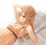  arm_up asuna_(sao) breasts brown_eyes brown_hair jewelry long_hair lying makimura_shunsuke medium_breasts necklace on_back pillow sideboob smile solo sword_art_online 