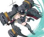  1girl adapted_turret anchor anchor_hair_ornament bare_shoulders bismarck_(kancolle) blonde_hair blue_eyes blush breasts brown_gloves cross detached_sleeves gegeron gloves hair_between_eyes hair_ornament hat highres iron_cross kantai_collection large_breasts long_hair looking_at_viewer machinery military military_hat military_uniform peaked_cap rigging signature smokestack solo thighhighs turret uniform 
