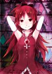  akafuji armpits arms_up bad_id bad_tinami_id dress elbow_gloves gloves long_hair looking_at_viewer mahou_shoujo_madoka_magica musical_note red_eyes red_hair sakura_kyouko smile solo 