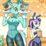  amber_eyes anthro anthrofied bar blue_eyes blush bonbon_(mlp) breasts bunnysuit cleavage clothed clothing duo equine female friendship_is_magic hair horn horse long_hair looking_at_viewer lyra_(mlp) lyra_heartstrings_(mlp) mammal my_little_pony one_eye_closed pantyhose plushie pony skykain unicorn waiter wink 