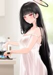  1girl absurdres black_hair blue_archive blush breasts cleavage collarbone commentary cooking highres indoors large_breasts long_hair looking_at_viewer looking_to_the_side negligee nonbire red_eyes rio_(blue_archive) steam sweat very_long_hair white_negligee 