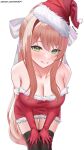  1girl bare_shoulders black_thighhighs blush bow breasts brown_hair christmas cleavage collarbone cowboy_shot doki_doki_literature_club dress elbow_gloves english_commentary eyelashes fur-trimmed_dress fur-trimmed_gloves fur-trimmed_headwear fur_trim gloves green_eyes grin hair_between_eyes hair_bow hair_intakes hands_on_own_knees hat high_ponytail highres large_breasts leaning_forward long_hair looking_at_viewer monika_(doki_doki_literature_club) patreon_username pom_pom_(clothes) ponytail red_dress red_gloves red_headwear santa_costume santa_dress santa_hat sidelocks simple_background smile solo standing strapless strapless_dress thighhighs twitter_username variant_set white_background white_bow yami_(rear4742) zettai_ryouiki 