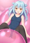  1girl :d aqua_hair bare_arms black_thighhighs blue_one-piece_swimsuit blush breasts covered_navel double_bun feet_out_of_frame hair_bun hair_ornament hairclip highres long_hair lying medium_breasts on_back one-piece_swimsuit original sasaame smile solo swimsuit thighhighs yellow_eyes 