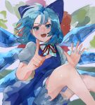  absurdres aqua_hair bloomers blue_bow blue_dress blue_eyes bow cirno collared_shirt commentary dress feet_out_of_frame full_body hair_bow hands_up highres ice ice_wings kontsune looking_at_viewer neck_ribbon open_mouth paint_splatter pinafore_dress pointing pointing_up puffy_short_sleeves puffy_sleeves red_ribbon ribbon shirt short_dress short_hair short_sleeves sleeveless sleeveless_dress teeth touhou white_background white_shirt wings 