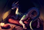 ai_generated anthro anus bed censored censored_genitalia censored_penis detailed_background dragon furniture genitals horn looking_at_viewer lying male on_bed on_front penis presenting raised_tail scales seductive solo spread_legs spreading tail yellow_sclera