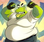 anthro belly big_belly bottomwear clothed clothing eyebrows fingerless_gloves gastropod gloves green_body handwear john_vithor male mollusk overweight overweight_anthro overweight_male pants shirt slug solo teeth tongue tongue_out topwear white_clothing white_shirt white_topwear