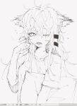  1girl animal_ears arknights art_program_in_frame greyscale hair_ornament hairclip hand_up highres lappland_(arknights) looking_at_viewer messy_hair monochrome one_eye_closed open_mouth pillow sato_(lappysuki) scar scar_across_eye shirt short_sleeves simple_background sketch solo 