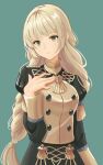  1girl absurdres black_jacket black_skirt blonde_hair commentary_request dangouo_ty fire_emblem fire_emblem:_three_houses garreg_mach_monastery_uniform green_background green_eyes hand_on_own_hip highres ingrid_brandl_galatea jacket juliet_sleeves long_hair long_sleeves looking_at_viewer puffy_sleeves simple_background skirt skirt_set solo upper_body very_long_hair 