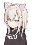  1girl :o animal_ears black_hoodie blue_eyes blush brown_hair capriccio cat_ears clothes_writing commentary_request hair_between_eyes hair_ornament hairclip hood hood_down hoodie looking_at_viewer original parted_lips simple_background solo white_background 