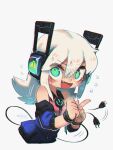  1girl :d aqua_eyes aqua_nails blush bound bound_wrists cable cable_tail digitan_(porforever) electric_plug_tail fang hair_between_eyes headphones highres long_hair looking_at_viewer mechanical_tail open_mouth original porforever power_symbol sign smile solo star-shaped_pupils star_(symbol) symbol-shaped_pupils tail warning_sign white_hair 