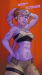 2024 abs alien alien_humanoid bodily_fluids bottomwear breasts brown_eyes clothing cravingsfree dialogue female hand_wraps hi_res humanoid lekku_(anatomy) looking_at_viewer midriff navel not_furry one_eye_closed pants purple_body purple_skin solo star_wars sweat twi&#039;lek wink wraps