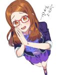  1girl akai_meganee blue_bow blue_jacket blush bow brown_eyes brown_hair commentary_request from_above glasses hands_up highres jacket long_hair looking_at_viewer looking_up open_mouth own_hands_clasped own_hands_together pretty_series pripara purple_skirt red-framed_eyewear simple_background skirt smile solo standing standing_on_one_leg translation_request tsujii_ruki white_background 