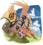  black_skin border cloud colored_skin commentary_request day grass highres homilmugi lying moss multicolored_eyes no_humans on_back outdoors pink_hair pokemon pokemon_(creature) rock sky tapu_koko tapu_lele white_border 