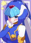  1girl absurdres armor blue_eyes blue_headwear blush buzzlyears colored_skin crop_top fairy_leviathan_(mega_man) forehead_jewel helmet highres licking looking_at_viewer mega_man_(series) mega_man_zero_(series) simple_background solo upper_body white_skin 