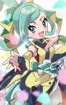  1girl :d asymmetrical_sidelocks blush commentary_request detached_sleeves earrings eyelashes fu_(tk1189227dhy) glint green_eyes green_hair green_sash hands_up highres japanese_clothes jewelry kimono leg_up lisia_(new_year&#039;s_2023)_(pokemon) lisia_(pokemon) looking_to_the_side open_mouth pleated_skirt pokemon pokemon_masters_ex ring sash sidelocks skirt smile solo teeth upper_teeth_only white_background white_skirt yellow_kimono 