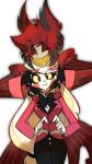  1boy 1girl alastor_(hazbin_hotel) black_eyes black_hair blonde_hair charlie_morningstar chinese_commentary closed_eyes colored_sclera commentary_request formal hands_on_another&#039;s_face hazbin_hotel heart heart_hands highres jacket long_hair multicolored_hair red_hair sharp_teeth short_hair simple_background smile teeth white_background xixixixi1037 yellow_sclera 
