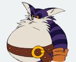 anthro belly belt big_belly big_the_cat clothing domestic_cat felid feline felis fur gloves handwear hi_res male mammal marcy_bun627 overweight purple_body purple_fur sega simple_background solo sonic_the_hedgehog_(series) striped_body striped_fur stripes white_background yellow_eyes