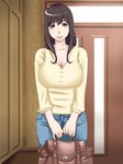  1girl absurdres bag breasts brown_eyes brown_hair cleavage denim female hamasei handbag highres jeans kamomes large_breasts lipstick long_hair looking_at_viewer makeup milf pants purse smile solo standing tetsukui 