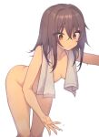  1girl bent_over blush breasts brown_eyes brown_hair commentary_request completely_nude everyntrge hair_between_eyes looking_down medium_breasts medium_hair nude original simple_background solo towel towel_around_neck wet white_background 