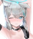  1girl animal_ear_fluff animal_ears armpits arms_up black_choker blue_archive blue_eyes blue_halo blush choker cross_hair_ornament extra_ears grey_background grey_hair hair_ornament halo highres kazane-wind looking_at_viewer medium_hair one_eye_closed open_mouth shiroko_(blue_archive) shiroko_(swimsuit)_(blue_archive) simple_background solo upper_body wolf_ears 